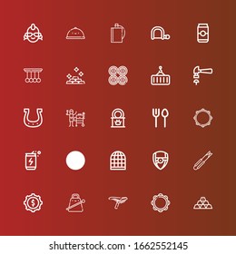 Editable 25 metal icons for web and mobile. Set of metal included icons line Gold, Tambourine, Saddle, Cowbell, Cogwheel, Tongs, Arsenal, Bird cage, Shovel, Energy drink on red