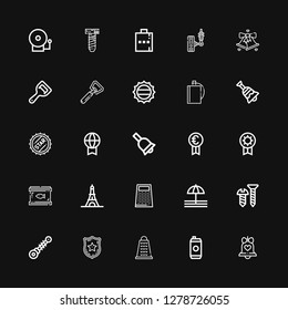 Editable 25 metallic icons for web and mobile. Set of metallic included icons line Bell, Energy drink, Grater, Police badge, Suspension, Screw, Eiffel tower on black background