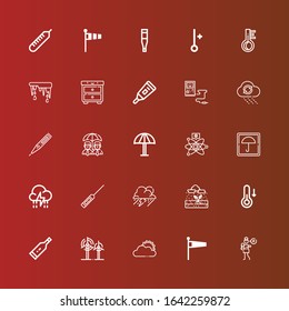 Editable 25 Meteorology Icons For Web And Mobile. Set Of Meteorology Included Icons Line Lullaby, Windsock, Sun Cloud, Wind, Thermometer, Temperature, Rain, Storm, Umbrella On Red