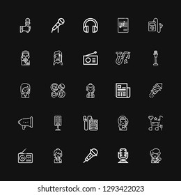 Editable 25 microphone icons for web and mobile. Set of microphone included icons line Singer, Microphone, Call center, Radio, Music, Voice recorder, Speaker on black background