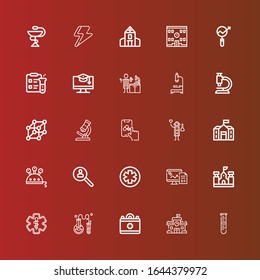 Editable 25 microscope icons for web and mobile. Set of microscope included icons line Lab, School, Medical, Chemistry, Pharmacy, Research, Science, Scientist, Microscope on red