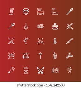 Editable 25 military icons for web and mobile. Set of military included icons line Terror, Departure, Saber, Military, Weapon, Pistol, Walkie talkie, Mace, Submarine, Samurai on red