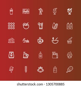 Editable 25 milk icons for web and mobile. Set of milk included icons line Ice cream, Feeding bottle, Baby, Food, Baby feeder, Tea, Tea bag, Coconut, Cheese, Sauce, Drink on red