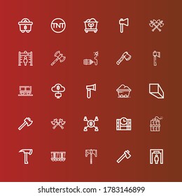 Editable 25 mine icons for web and mobile. Set of mine included icons line Metal detector, Axe, Mine, Dynamite, Dinamite, Mining, Axes, Minerals, Coal, Tnt on red