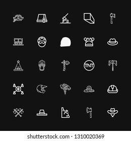 Editable 25 miner icons for web and mobile. Set of miner included icons line Hat, Axe, Rocks, Axes, Helmet, Mining, Tnt, Mine, Minerals on black background