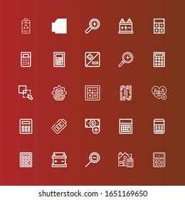 Editable 25 menos iconos para web y móvil. Conjunto de iconos menos incluidos línea Calculadora, Calcular, Alejar, Batería, Botón Agregar, Agregar, Excluir, Zoom en rojo