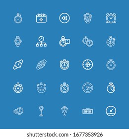 Iconos editables de 25 minutos para web y móvil. Juego de minutos incluidos iconos línea Reloj, reloj digital, reloj cucú, hora, cronómetro, reloj de cola, reloj de cola, reloj de reloj, reloj de fondo azul
