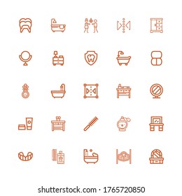 Editable 25 mirror icons for web and mobile. Set of mirror included icons line Dressing table, Saloon, Bathtub, Perfume, Gum shield, Vanity, Comb, Nightstand on white background