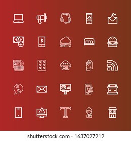 Editable 25 mobile icons for web and mobile. Set of mobile included icons line Duplex, Call center, Text, Computer, Mobile, Battery, Phone, Billboard, Message, Telephone on red