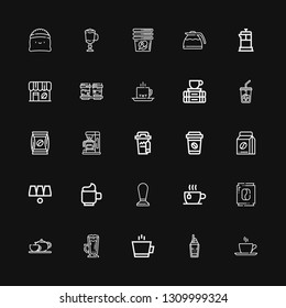 Editable 25 mocha icons for web and mobile. Set of mocha included icons line Cup, Coffee, Frappe, Coffee pot, Cups, Coffee beans, cup, machine on black background