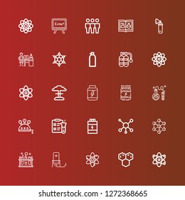 Editable 25 molecular icons for web and mobile. Set of molecular included icons line Atom, Molecule, Oxygen, Chemistry, Proteins, Science, Nuclear, Physics, Graphene, Nanotechnology on red