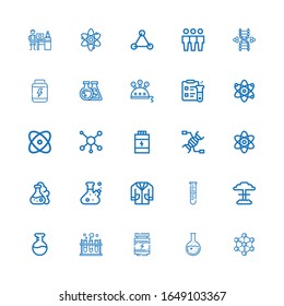 Editable 25 molecule icons for web and mobile. Set of molecule included icons line Molecule, Flask, Proteins, Chemistry, Nuclear, Lab, Lab coat, Atom, Dna on white background