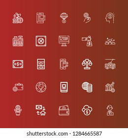 Editable 25 money icons for web and mobile. Set of money included icons line Manager, Funds, Wallet, Mortgage, Growth, Diagram, Money, Online banking, Management, Trolley on red
