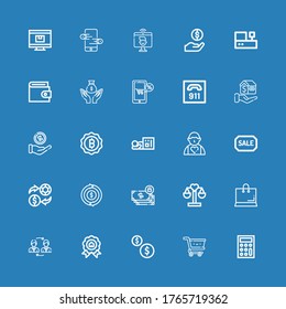 Editable 25 íconos de dinero para web y móvil. Conjunto de dinero incluido íconos línea Calculadora, Carro, Monedas, Precio, Cambio, Compras, Saldo, Dinero, Reembolso, Venta sobre fondo azul