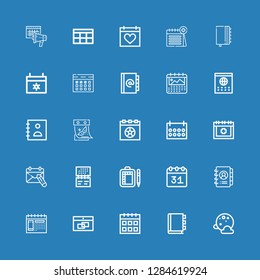 Editable 25 month icons for web and mobile. Set of month included icons line Full moon, Appointment book, Calendar, Agenda, Schedule, Date on blue background