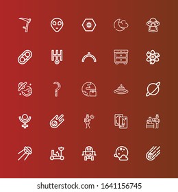 Editable 25 moon icons for web and mobile. Set of moon included icons line Meteorite, Full moon, Space robot, rover, Sputnik, Bedtime, Tarot, Lullaby, Pluto, Planet on red