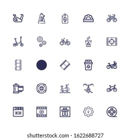 Editable 25 motion icons for web and mobile. Set of motion included icons line Film reel, Gear, Motorway, Film, Clapperboard, Bicycle, Stationary bike, Recycling on white background