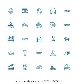 Editable 25 motor icons for web and mobile. Set of motor included icons line Yatch, Jet ski, Pickup truck, Mechanic, Caravan, Boat, Piston, Tuk tuk, Motorbike on white background