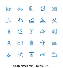Editable 25 mountain icons for web and mobile. Set of mountain included icons line Boots, Bike, Handlebar, Volcano, Mountain, Cabin, Gym, Rope, Boot, Inukshuk on white background