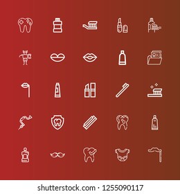 Editable 25 mouth icons for web and mobile. Set of mouth included icons line Mustache, Body, Tooth, Moustache, Mouthwash, Toothpaste, Harmonica, Dental, Brace, Toothbrush on red