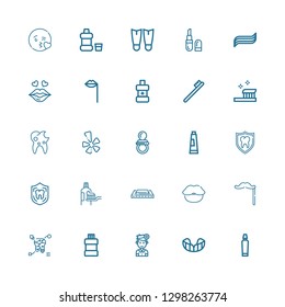 Editable 25 mouth icons for web and mobile. Set of mouth included icons line Toothpaste, Gum shield, Dentist, Mouthwash, Tooth, Mustache, Lips, Harmonica, Dental on white background