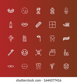 Editable 25 mouth icons for web and mobile. Set of mouth included icons line Dental, Dentist, Tooth, Lips, Moustache, Lipstick, Shy, Toothbrush, Toothpaste, Troll, Delicious on red