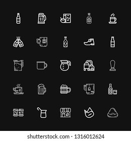 Editable 25 mug icons for web and mobile. Set of mug included icons line Bean bag, Canteen, Coffee shop, Coffee, Coffee cup, Beer, Mug, Tea, pot, Beer bottle on black background