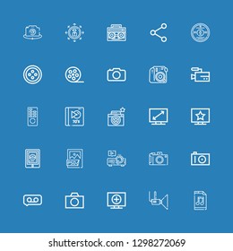 Editable 25 multimedia icons for web and mobile. Set of multimedia included icons line Music file, Projector, Television, Camera, Recording, Photo camera, Psd file on blue background