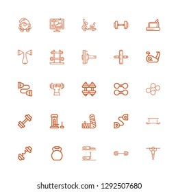 Editable 25 muscle icons for web and mobile. Set of muscle included icons line Fitness, Barbell, Kettlebell, Exercise, Chest expander, Arm, Strength, Gym, Dumbbell on white background