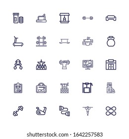 Editable 25 muscle icons for web and mobile. Set of muscle included icons line Dumbbell, Fitness, Chest expander, Stationary bike, Barbell, Vitamin, Well, Gym on white background