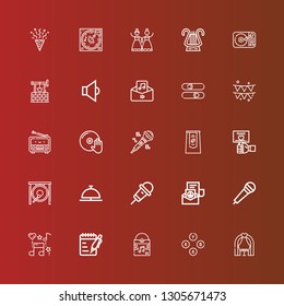 Editable 25 music icons for web and mobile. Set of music included icons line Wedding arch, Buttons, Vinyl, Notes, Music, Microphone, Peace, Karaoke, Bell, Gong, Pack, DJ on red
