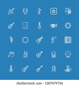 Editable 25 musician icons for web and mobile. Set of musician included icons line Trumpet, Singer, Electric guitar, Guitar, Musician, Violin, Bagpipes, Accordion on blue background