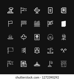 Editable 25 national icons for web and mobile. Set of national included icons line Ireland, Flag, Capitol, Passport, Obelisk, Russian, Flags, Park ranger, Eagle on black background