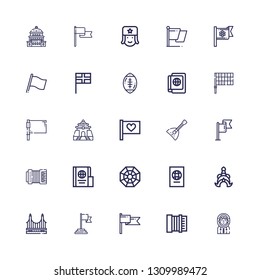 Editable 25 national icons for web and mobile. Set of national included icons line Eskimo, Accordion, Flag, Golden gate, Thailand, Passport, Pagan, Balalaika on white background