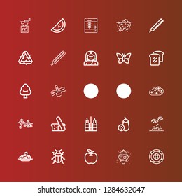 Editable 25 natural icons for web and mobile. Set of natural included icons line Recycling, Beehive, Apple, Beetle, Rice, Plant, Aubergine, Vinegar, Bread, Flower, Bush on red