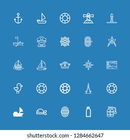 Editable 25 nautical icons for web and mobile. Set of nautical included icons line Oxygen, Rope, Pirate, Sail boat, Lifesaver, Compass, Seagull, Lighthouse on blue background