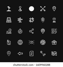 Editable 25 navigation icons for web and mobile. Set of navigation included icons line Map, Direction, Change, Back, Placeholder, Location, Radar, Vision, Internet on black background