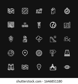 Editable 25 navigation icons for web and mobile. Set of navigation included icons line Vision, Compass, Placeholder, Map, Binoculars, Road, Signpost, Radar on black background