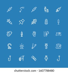 Editable 25 needle icons for web and mobile. Set of needle included icons line Hook, Pushpin, Needle, Sewing machine, Safety pin, Pincushion, Tattoo, Syringe on blue background