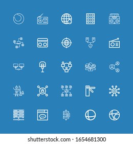 Editable 25 net icons for web and mobile. Set of net included icons line Network, Earth grid, Send data, Website, Server, Access, Vpn, Ice fishing, Networking on blue background