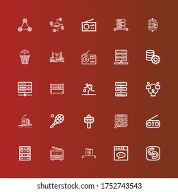 Editable 25 net icons for web and mobile. Set of net included icons line Safecopy backup, Website, Data share, Radio, Server, Tennis, Network, Basketball, Volley, Router on red