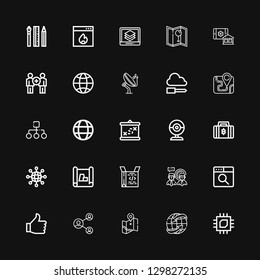 Editable 25 network icons for web and mobile. Set of network included icons line Cpu, Worldwide, Map, Network, Thumb up, Browser, Teamwork, Coding, Scheme on black background