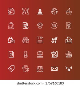 Editable 25 new icons for web and mobile. Set of new included icons line Garland, Mail, Mails, Price tag, Gift, Monkey, Fountain, Bag, File, Confetti, Diskette, Email, Shopping bag on red