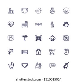 Editable 25 newborn icons for web and mobile. Set of newborn included icons line Stroller, Mom, Birth, Diaper, Bib, Baby carriage, Crib, Stork, Baby, Rattle on white background