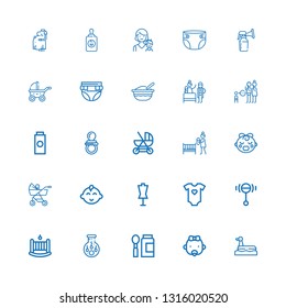 Editable 25 newborn icons for web and mobile. Set of newborn included icons line Duck, Baby, Baby food, Insemination, Cradle, Rattle, Baby clothes, Dummy, boy on white background