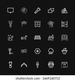 Editable 25 night icons for web and mobile. Set of night included icons line Pub, Frankenstein, Torch, Noon, Flashlight, Witch, Rain, Day, Star, Bed, Bedtime on black background