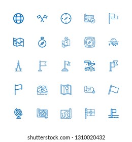 Editable 25 north icons for web and mobile. Set of north included icons line Flags, Flag, Map, Compass, Earth globe, Arctic, Aurora, Iceberg, Cardinal points on white background