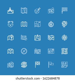 Editable 25 north icons for web and mobile. Set of north included icons line Map, Flag, World, Compass, Street map, Earth globe, Polar bear on blue background