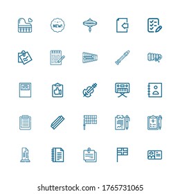 Editable 25 note icons for web and mobile. Set of note included icons line Postcard, Flag, Note, Notes, List, Clipboard, Harmonica, Agenda, Piano, Violin, Workbook on white background