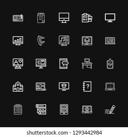 Editable 25 notebook icons for web and mobile. Set of notebook included icons line Write, Laptop, Tablet, Tasks, List, Contacts, Computer, School, Clipboard on black background